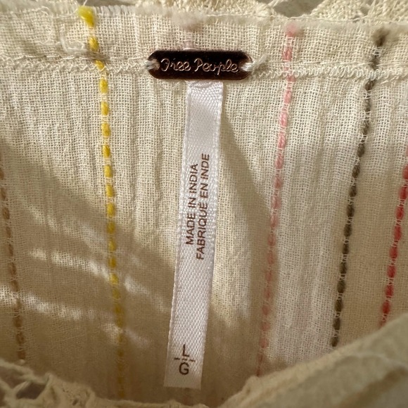 Free People Crochet Lace Peasant Blouse Cream Striped Cotton Smocked Top Large - Picture 2 of 6